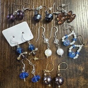 Lot of 8 Dangle Bead Blue White Faux Pearl Earrings Fashion Silver Tone